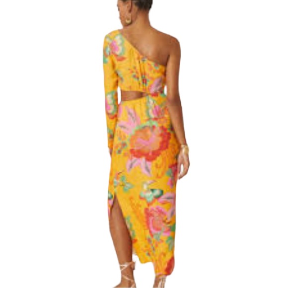 HP 🎉 Farm Rio x Anthropologie One-Shoulder XS Pet Yellow Pink Floral Print Midi - Picture 4 of 5